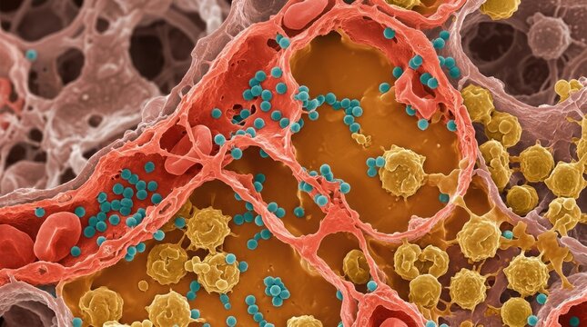 Hantavirus infection demonstrating viral particle, microscopic cellular component, red blood cell, and capillary structure within affected tissue, showing disease pathogenesis.
