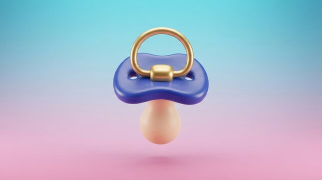 3D render of a blue baby pacifier with a golden ring isolated on a soft gradient background