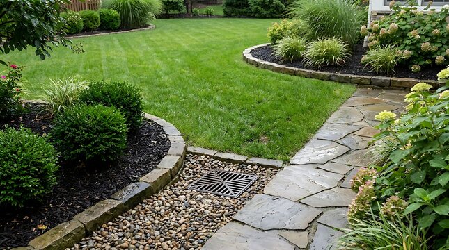 A beautiful residential backyard garden with green lawn stone path and trimmed bushes in the summer. yard drainage solutions