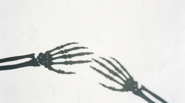 Shadows of two human skeleton hands reaching toward each other on white