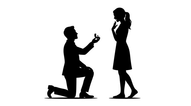 Man proposing marriage on one knee with diamond ring to surprised woman during romantic moment