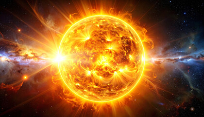 Fototapeta premium A radiant sun glows with intense cosmic energy in deep space. This powerful, explosive celestial scene features no people, evoking awe, infinite mystery, and the majestic power of the universe.