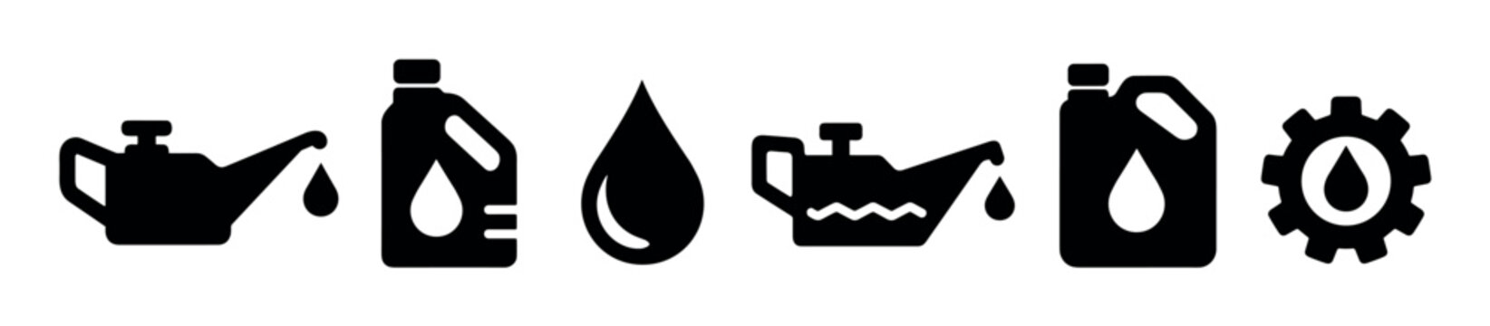 Motor oil and lubricant vector icon set featuring various canisters drops gears and maintenance symbols for automotive repair and industrial machinery concepts
