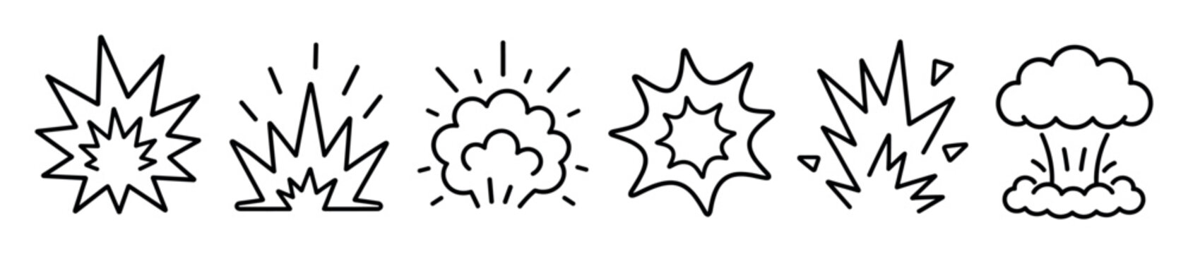 Comic book explosion outline icons featuring various blast shapes including starbursts mushroom clouds dynamic boom effects and smoke bursts