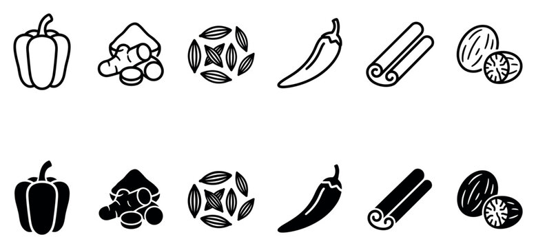 Culinary spice and vegetable vector icon collection featuring bell pepper ginger seeds chili cinnamon and nutmeg in both outline and solid black styles