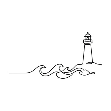 Minimalist continuous line art design featuring a scenic lighthouse standing by ocean waves