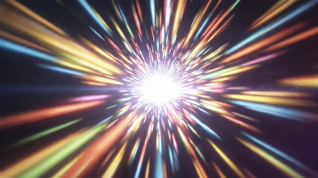 Dynamic starburst of colorful light beams through space.