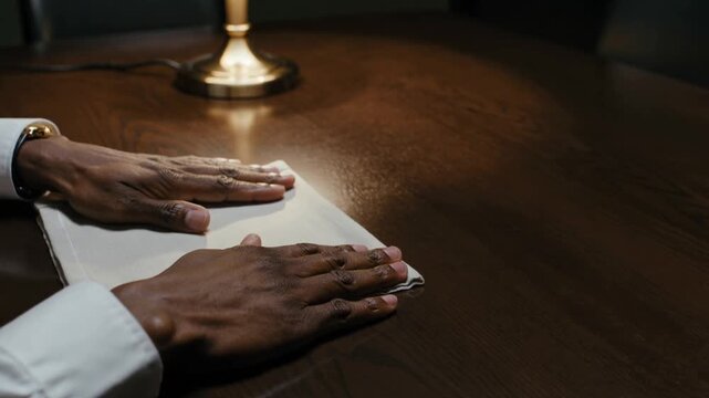 Hands placing a folded linen napkin on a polished walnut dining table