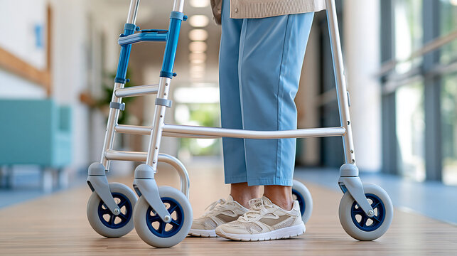 Medical walker being used by an older adult during rehabilitation in a bright hospital corridor, physical therapy, mobility recovery, elderly care, rehabilitation medicine,