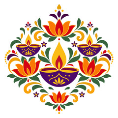 Traditional Diwali vector motif with lit diyas and floral ornaments © Soumojit Halder