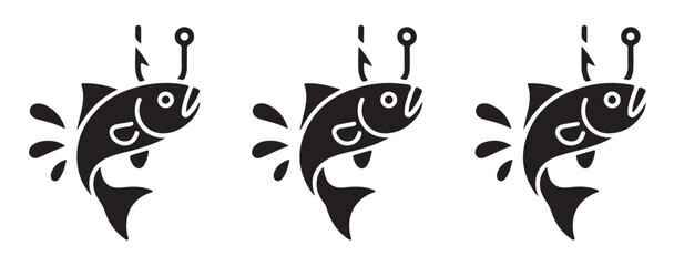 Obraz premium Jumping fish caught on baited hook icon representing successful recreational sport fishing.