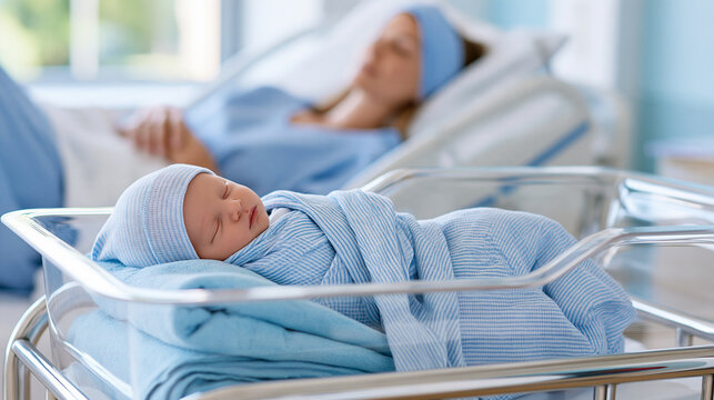 Faceless maternity hospital scene with newborn baby sleeping in a bassinet beside a recovering mother, childbirth care, neonatal healthcare, family support, hospital room, with