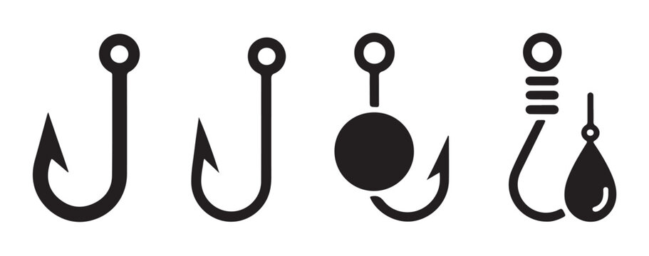 Minimalist black tackle icons featuring weighted hooks and sinkers for recreational fishing.