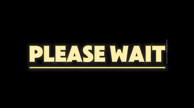 PLEASE WAIT graphic in bold yellow text on black background indicating loading or processing