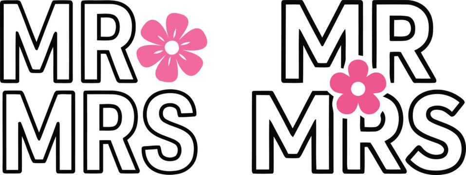 Two sets of mr and mrs text labels featuring decorative pink floral accents for wedding invitations and romantic celebration party decor