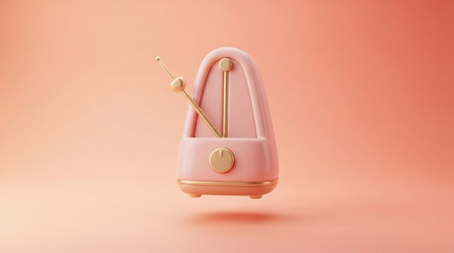 3D render of a pink metronome with gold accents isolated on a matching soft coral background
