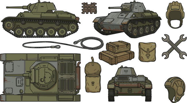 Vintage Military Tank Vector Illustration Set Featuring Armor Vehicles From Different Views, Tanker Helmets, Wooden Ammo Crates, Tools, and Army Equipment Elements