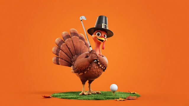 3d rendered cartoon turkey wearing a pilgrim hat holding a golf club standing on a patch of grass with a golf ball
