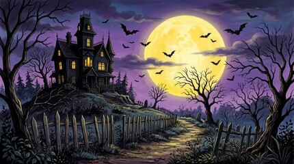 Fototapeta premium A spooky halloween night scene featuring a haunted mansion full moon bats and a creepy graveyard landscape perfect for