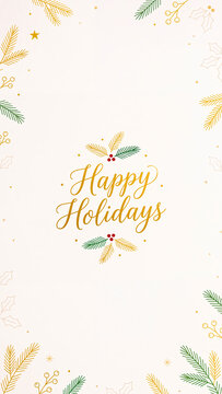 Happy holidays vertical greeting card with gold lettering and minimalist christmas decoration elements