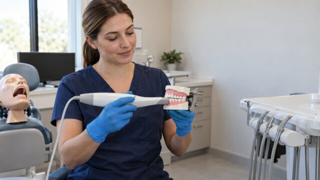 Dentist demonstrating 3D bite scan on tooth model