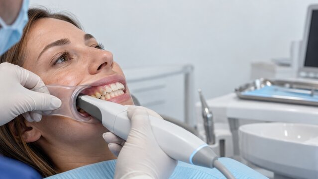 Dentist scanning patient's teeth with intraoral scanner
