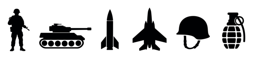 Obraz premium Military silhouette icon set of armed forces including a soldier tank missile fighter jet combat helmet and hand grenade
