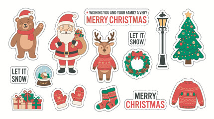 Fototapeta premium Winter holiday sticker collection featuring Santa Claus and festive animals isolated on transparent background for creative use