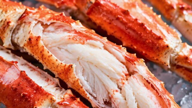 Close-up of cooked crab legs with exposed white meat arranged on crushed ice, highlighting premium seafood, freshness, food presentation, restaurants and culinary commerce.
