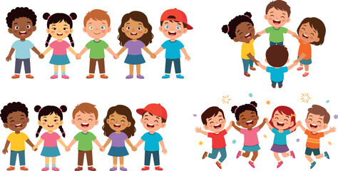 Fototapeta premium Diverse happy children vector cartoon character collection holding hands jumping and playing together isolated on white background