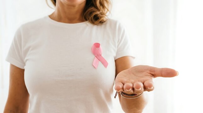 Woman wearing a pink ribbon on white t-shirt for breast cancer awareness