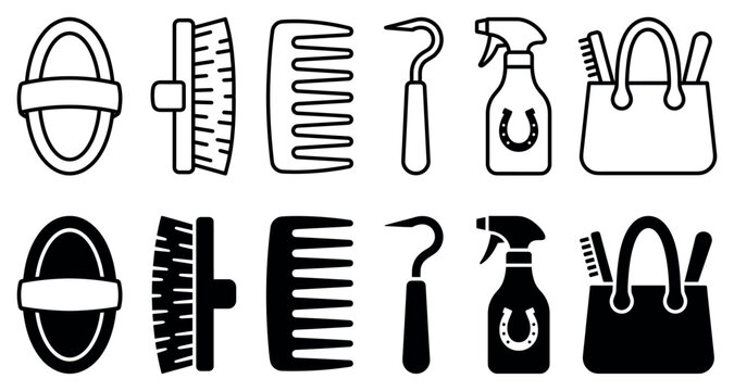 Horse grooming equipment and tool vector icons featuring curry comb dandy brush mane comb hoof pick spray bottle and tote bag in solid and outline styles