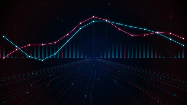 Digital abstract visualization of financial data with contrasting blue and red trend lines over a futuristic grid