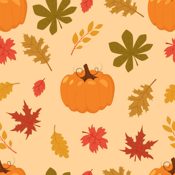 Autumn harvest pumpkin leaf seamless pattern, fall botanical vector background. Warm beige pattern with orange, pumpkins