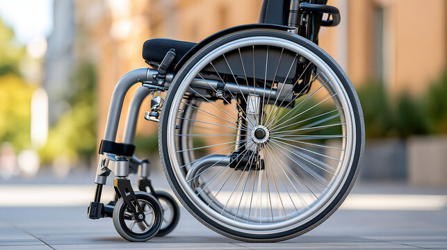 Close-up of powered wheelchair wheel and control system, assistive mobility technology, electric wheelchair, disability equipment, rehabilitation healthcare, product detail, with