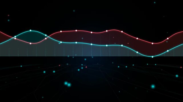 Abstract digital data visualization with colorful lines and glowing dots representing financial trends