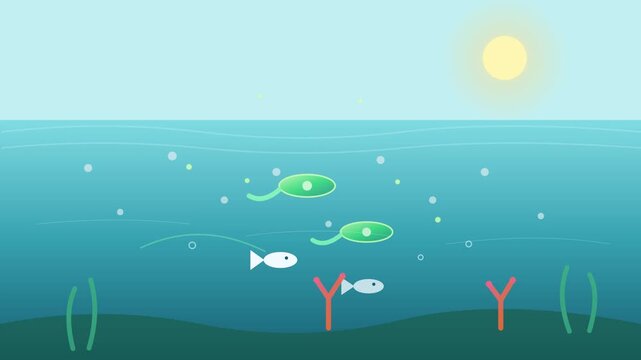 Minimalist Animated Underwater Ocean Scene with Sun and Fish