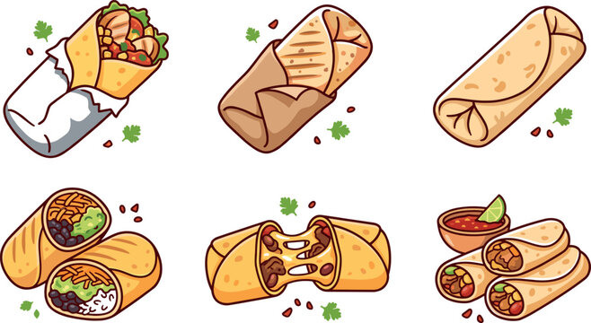 Mexican food burrito and wrap vector cartoon illustration set featuring grilled chicken beef cheese and salsa elements on white background