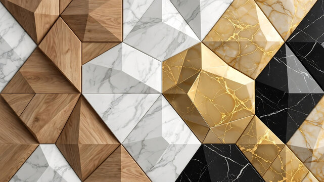 3D Geometric Marble and Wood Wall Panels Abstract Background with Gold Accents