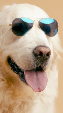 Adorable senior golden retriever dog wearing cool sunglasses. The happy pet is panting with its tongue out in a funny studio portrait. Vertical