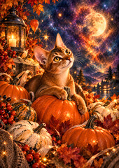 Fototapeta premium Adorable Orange Tabby Cat Sitting on a Pumpkin in a Magical Autumn Fantasy Landscape 