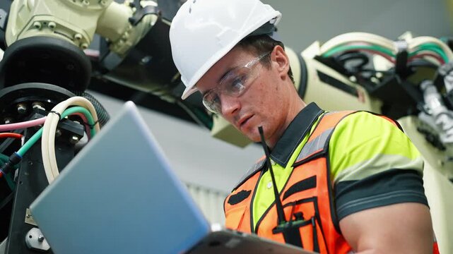An engineer wearing safety gear uses a laptop to inspect and program an industrial robotic arm in a modern factory.