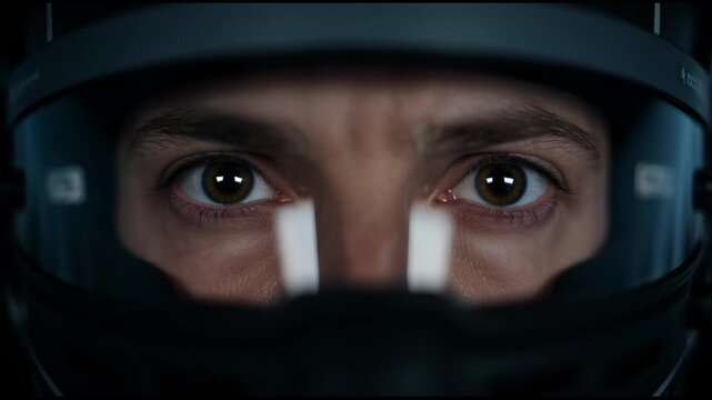 Close-up of an astronaut's determined eyes looking forward through a helmet visor, conveying focus and exploration.