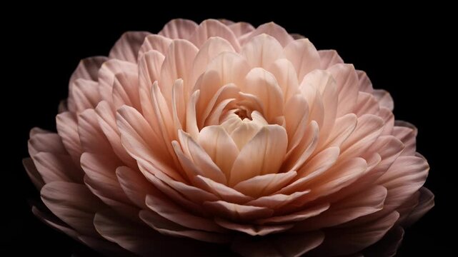 Delicate pale pink ranunculus flower with many petals against a black background.