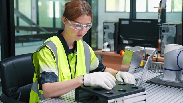 A female engineer wearing a safety vest and goggles configures robotic machinery with a laptop in a modern industrial lab.