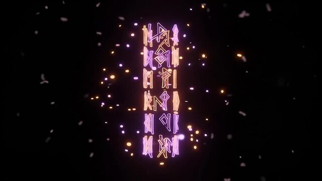 Medium shot of glowing runic symbols animating in a dark magical space.