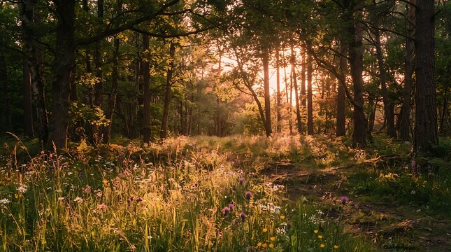 Mysterious ancient stone ruins in forest light