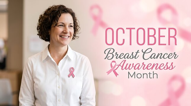 Smiling woman wearing a pink ribbon pin in october for breast cancer awareness
