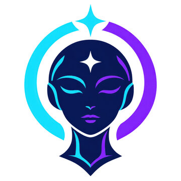 Futuristic Goddess Meditating with Neon Third Eye Star Logo