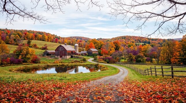 Scenic farm landscape with red barn and pond surrounded by vibrant autumn foliage in rolling countryside hills.